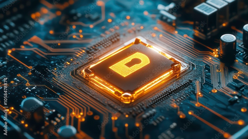 Aufkleber secure connection or cybersecurity service concept of compute motherboard closeup and lock with login and connecting verified credentials as wide banner design with copyspace area