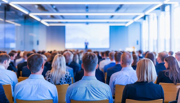 Conference Keynote:  A captivated audience listens intently to a speaker delivering a keynote address at a modern conference venue.