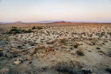 Expansive desert landscape with scattered vegetation at dusk