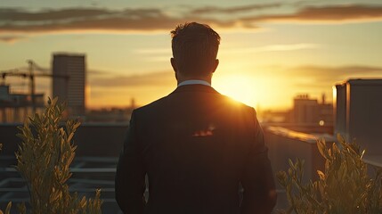 Fototapeta premium Back view of a businessman on a rooftop during sunset, capturing a moment of reflection. This image of a businessman conveys the essence of ambition and tranquility, with ample copy space.
