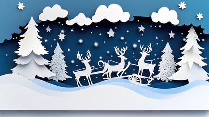 Christmas background from paper cutouts. Christmas themed design with snow-covered ground.