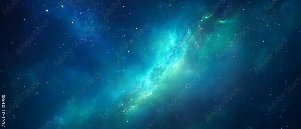 Wall mural mesmerizing deep space nebula with green and blue cosmic glow in a starry universe background
