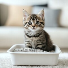 A cute kitten sitting in a litter box, featuring a playful expression, with a cozy home setting in the background.