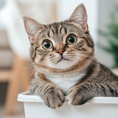 A cute tabby cat with large eyes peeks out from a litter box, showcasing its playful and curious personality in a cozy indoor setting.