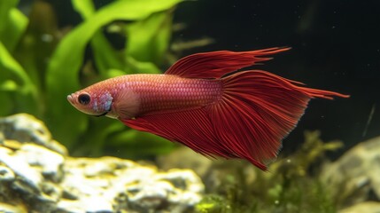 Obraz premium Vibrant Red Betta Fish Swimming in Clear Water