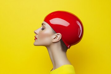 Woman wearing a red hat and red lipstick. The hat is shaped like a dome and the woman is looking straight ahead