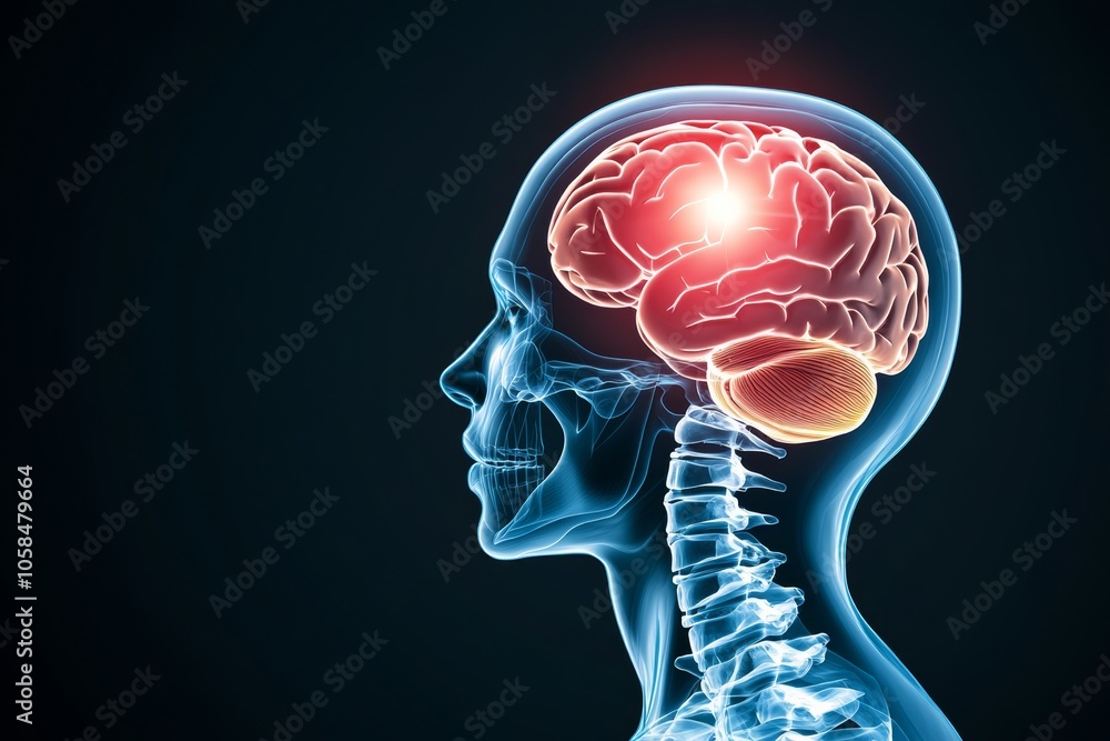 Aufkleber brain with a red spot on it. the brain is shown in a 3d image. the red spot on the brain could be a 
