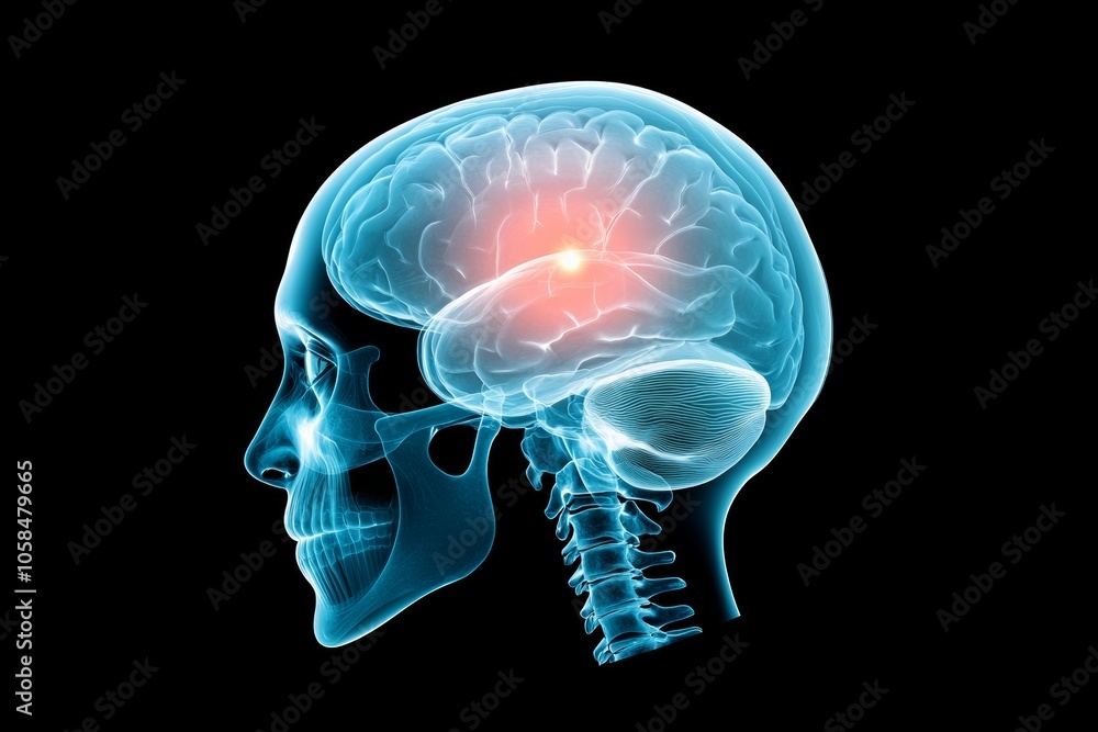 Aufkleber brain with a red spot on it. the brain is shown in a 3d format. the red spot on the brain could repr