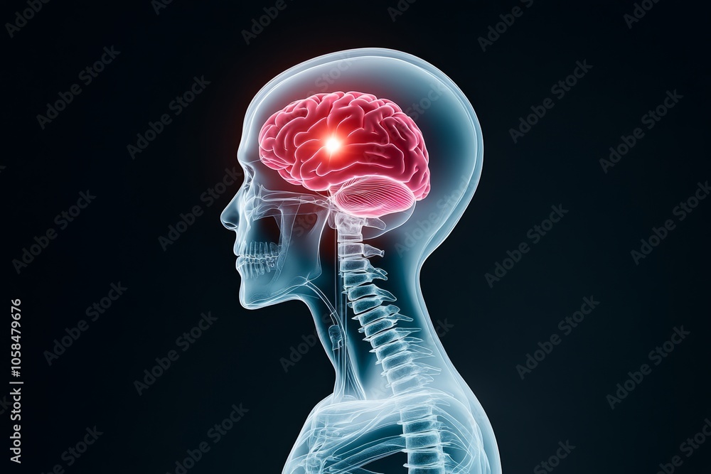 Aufkleber brain with a red spot on it. the brain is shown in a 3d image. the red spot on the brain could be a 