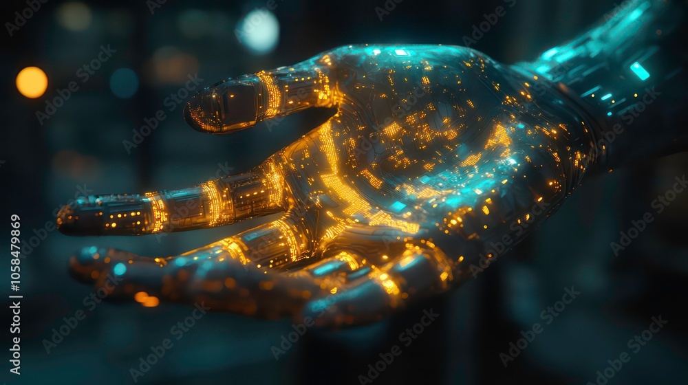 Poster a futuristic, glowing robotic hand displaying intricate patterns of light.