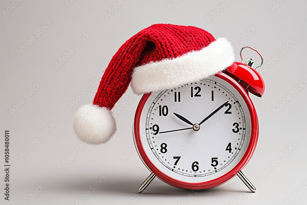 Poster red alarm clock with a red hat on top of it. the clock is set to the time of 10:10