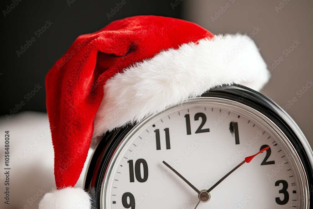 Poster black and white clock with a red hat on top of it. the clock is set to 10:10