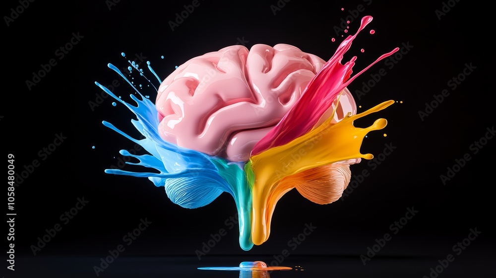 Aufkleber colorful brain with paint splatters on it. brain is made up of different colors, and the splatters o