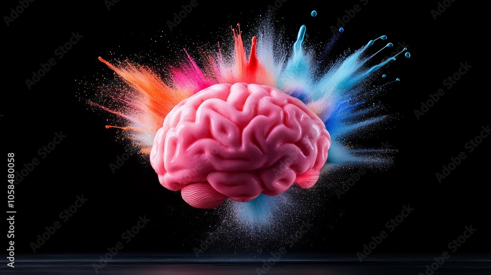 Aufkleber pink brain is exploding in a colorful explosion. brain is surrounded by a burst of colors, creating 
