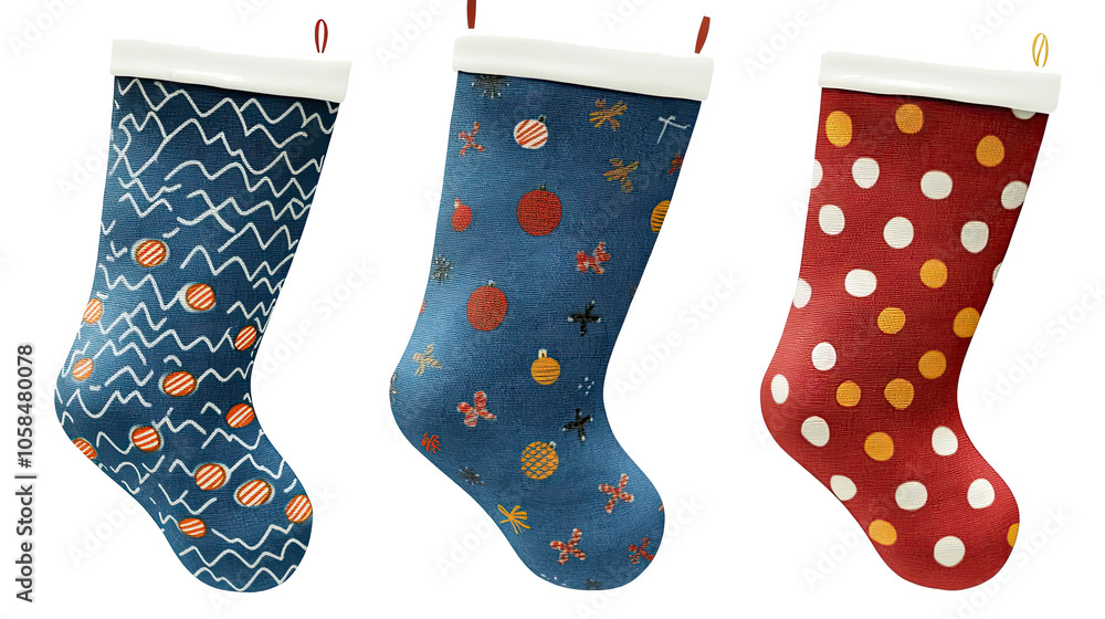 Poster collection of festive christmas stockings with unique patterns generative ai