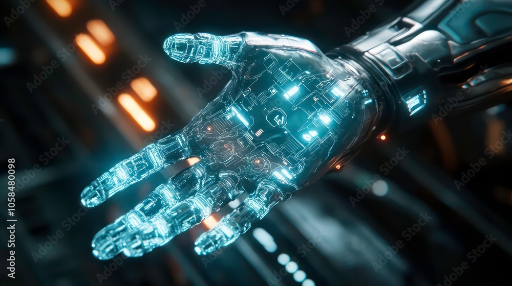 Poster a futuristic robotic hand with illuminated circuitry, showcasing advanced technology and design.
