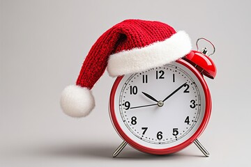 Red alarm clock with a red hat on top of it. The clock is set to the time of 10:10