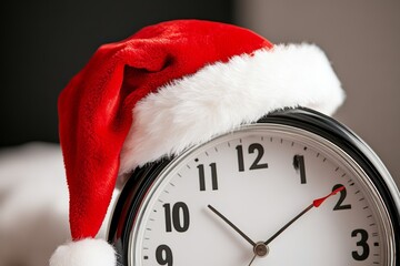 Black and white clock with a red hat on top of it. The clock is set to 10:10