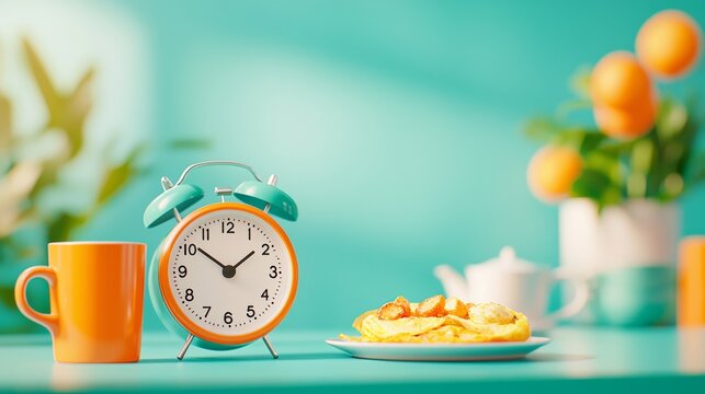 Clock on a table with a plate of food and a cup of coffee. The clock is set to the time of 10:10