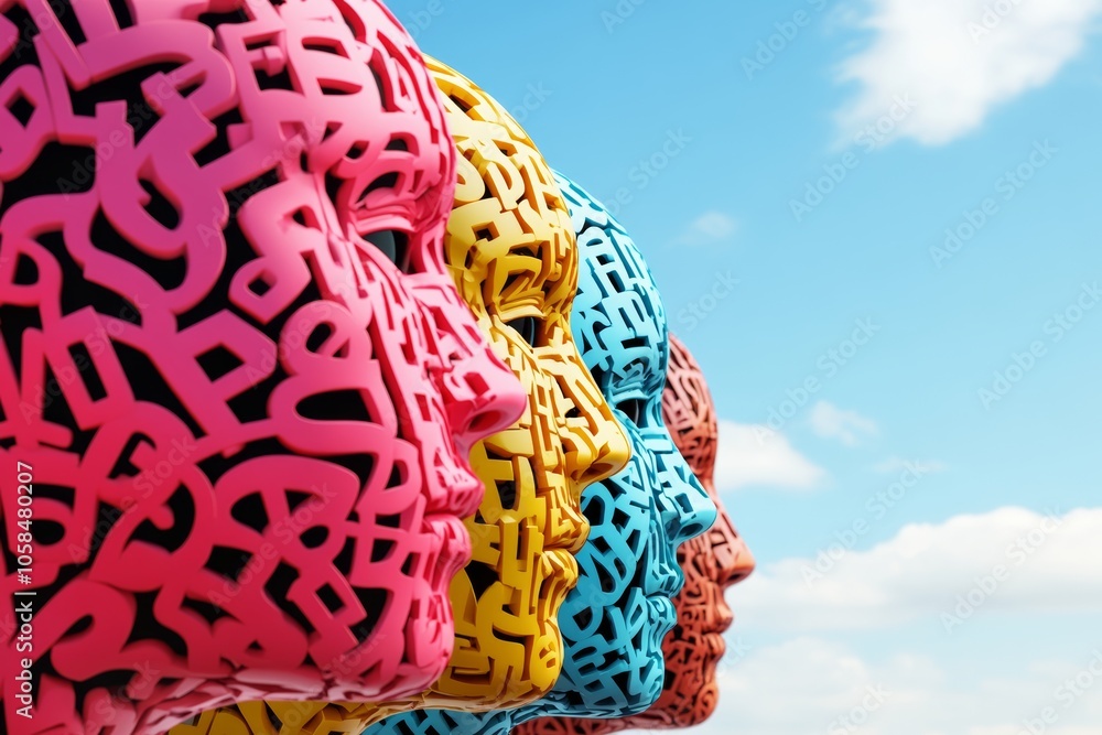 Poster group of faces with letters on them are shown in a blue sky. the faces are in different colors and a