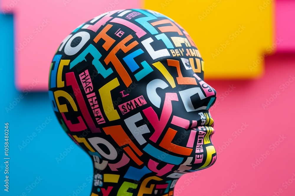 Aufkleber colorful head with letters on it. the letters are in different colors and are arranged in a way that