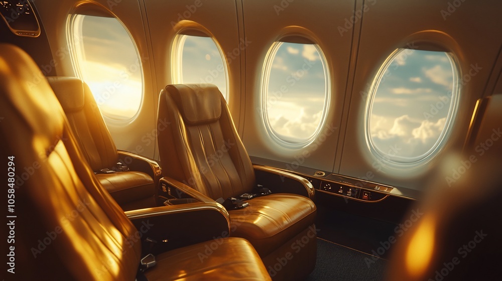 Poster Two empty leather seats in an airplane cabin with three oval windows showcasing a sunset over the clouds.