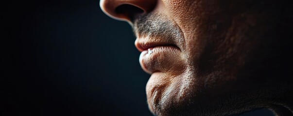 Fototapeta premium Close-up of a man's chin and jawline against a dark backdrop.