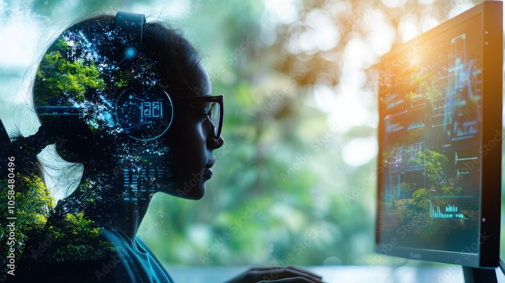 Poster a person with headphones is focused on a computer screen, surrounded by a blend of nature and digita