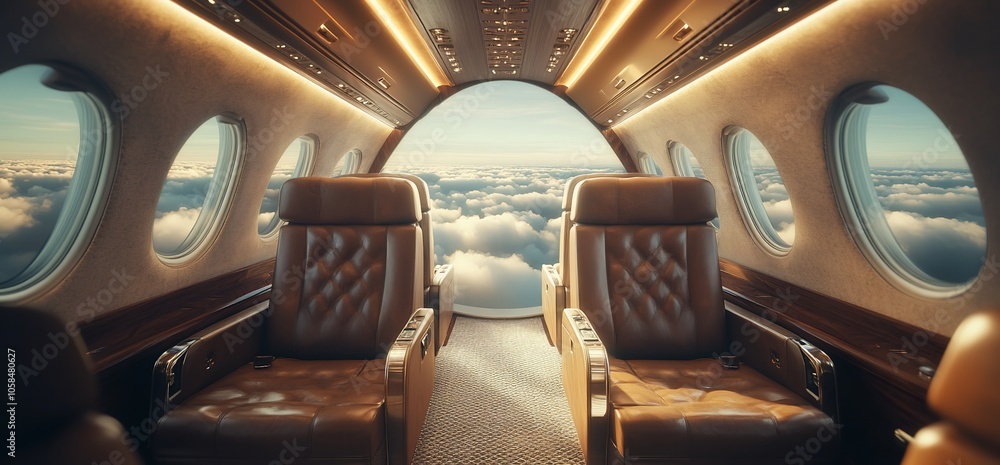 Poster Two empty luxurious leather seats facing each other in a private jet cabin, with a large window view of the clouds.