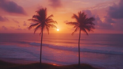 Obraz premium Two palm trees silhouette against a vibrant pink sunset over the ocean.