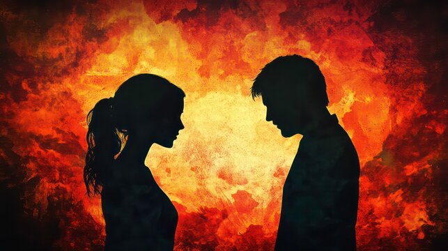 Silhouette of a stressed relationship symbolizing impending marriage conflict and separation or divorce with the couple facing opposite directions in a fiery background