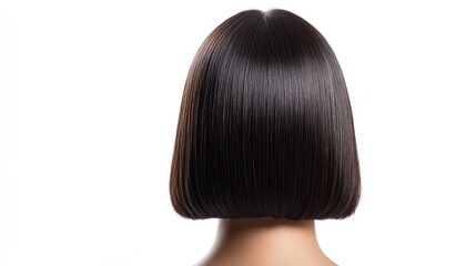 Fototapeta premium Brunette woman with a classic French A-line bob haircut, defined by blunt ends. The front view highlights the elegant hairstyle against a clean, white background, offering ample copy space.