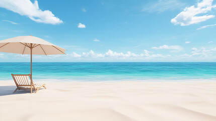 3D rendering of a cartoon seashore background featuring a blue sea sandy coast deck chair and beach umbrella Ideal for a summer banner