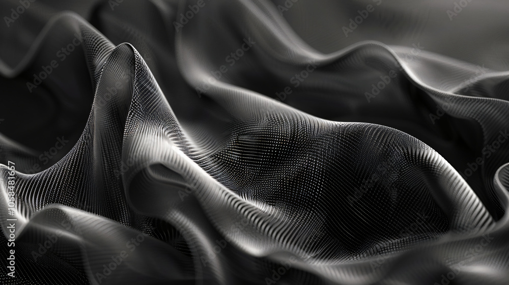 Poster close-up image of a textured black fabric with intricate folds and waves, showcasing depth and elega