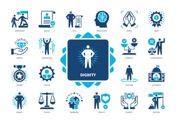 Dignity icon set. Respect, Status, Psychology, Rank, Authority, Motivation, Leadership, Rights. Duotone color solid icons