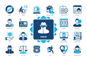 Fraud icon set. Forgery, Data Theft, Internet Fraud, Deception, Victim, Mortgage Fraud, Investigation, Hoax. Duotone color solid icons
