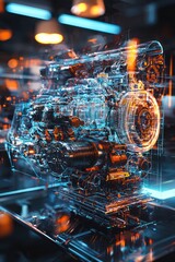 Car engine's internal structure intricately displayed through holographic visualization.