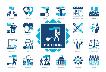 Independence icon set. Sovereignty, Nation, Law, Revolution, Declaration, Independence Day, Patriotism, Country. Duotone color solid icons