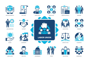 Labor Union icon set. Union Dues, Workforce, Job Conditions, Employee Benefits, Members, Constitution, Workforce, Employer. Duotone color solid icons