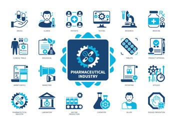 Pharmaceutical Industry icon set. Medicine, Drugs, Barbiturates, Illness, Patients, Patenting, Efficacy, Chemistry. Duotone color solid icons