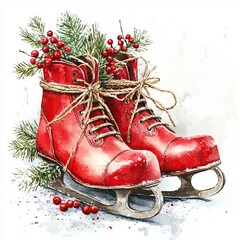 Festive red ice skates adorned with greens and berries, creating a charming winter holiday scene.