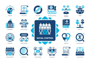 Social Control icon set. Sanctions, Norms, Sociology, Social Order, Morality, Socialization, Regulation, Law. Duotone color solid icons