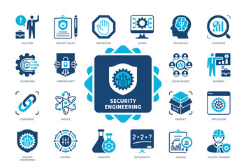 Security Engineering icon set. Solution, Psychology, System, Cybersecurity, Physics, Chemistry, Analysis, Constraint. Duotone color solid icons