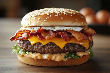 Tasty burger with lettuce, bacon, egg and cheese melting on wooden table