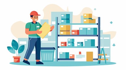 Fototapeta premium Maintains a clean and organized warehouse environment, including organizing shelves, labeling products, and managing inventory.