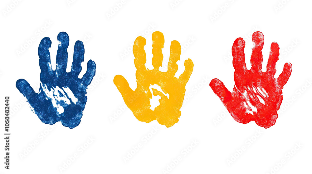 Poster colorful handprints collection isolated on a white background generative ai