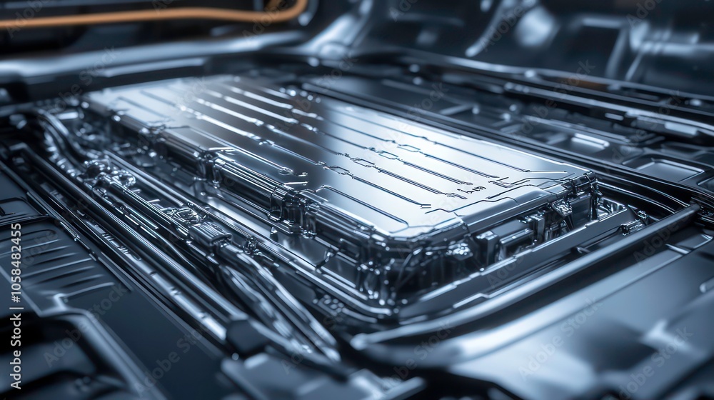 Poster a close-up of a metallic battery pack within a vehicle's chassis.