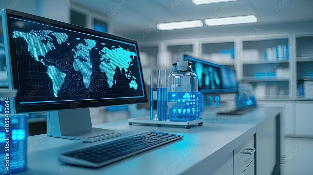 Poster modern laboratory setup with computer screens and scientific equipment.
