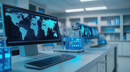 Fototapeta premium Modern laboratory setup with computer screens and scientific equipment.