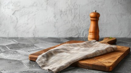 Wooden cutting board with napkin on gray ceramic hexagon tile for food display on stylish background with space for text.